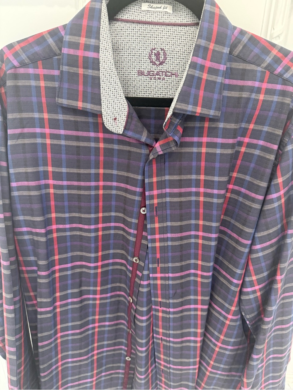 Bugatchi Men's Gray Plaid Button-Down Shirt with Pink and Blue Stripes